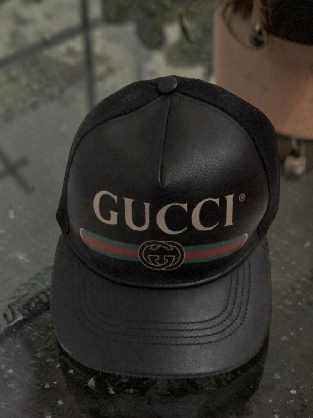 Black Leather GUCCI GG Baseball Cap / Trucker Hat Crypto Mesh w Dust Bag Size M - Picture 2 of 10